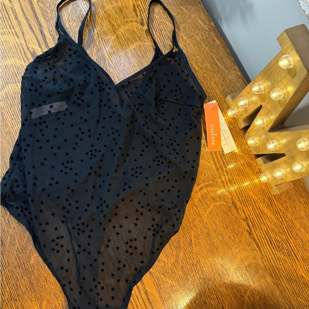 Black Sheer Bodysuit with Star Pattern NWT
